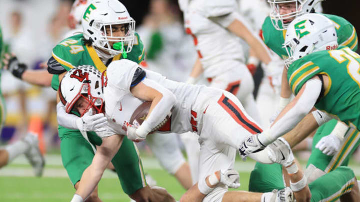 Edina's Trillion Sorrell makes a tackles in the 2023 Class 6A Prep Bowl