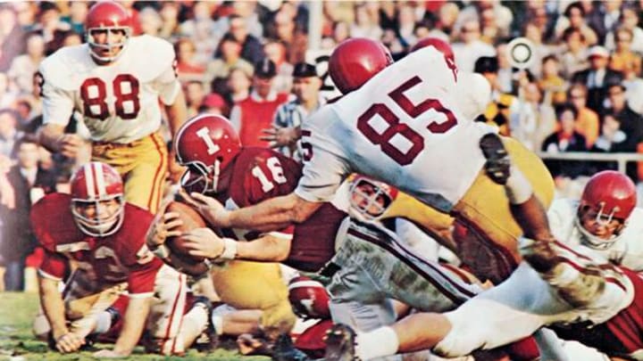 Indiana quarterback Harry Gonso (16) dives forward against USC in the 1986 Rose Bowl.