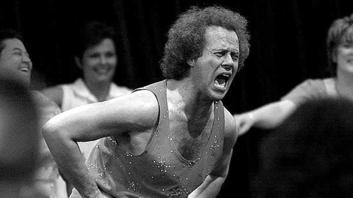 July 10, 2002; Westlake, LA; USA; Richard Simmons leads an exercise brigade at the Isle of Capri Casino.  Mandatory Credit: Rachael Kidd/The Times Shreveport via USA TODAY NETWORK