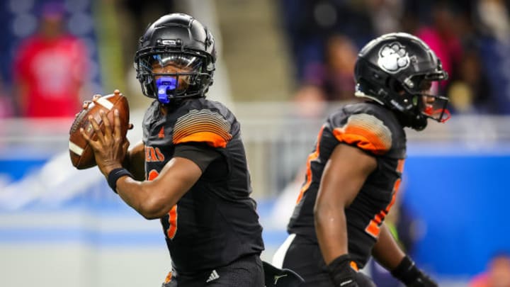 Belleville quarterback Bryce Underwood throws a pass in the 2022 MHSAA Division 1 championship. Underwood is the top recruit in the nation in the class of 2025. Photo by Mariusz Nowak