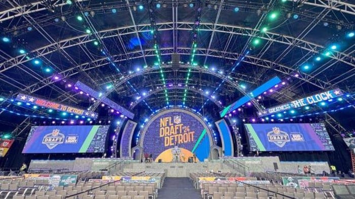 The main stage as work goes on at the NFL Draft Theater near Campus Martius in Detroit on Tuesday,