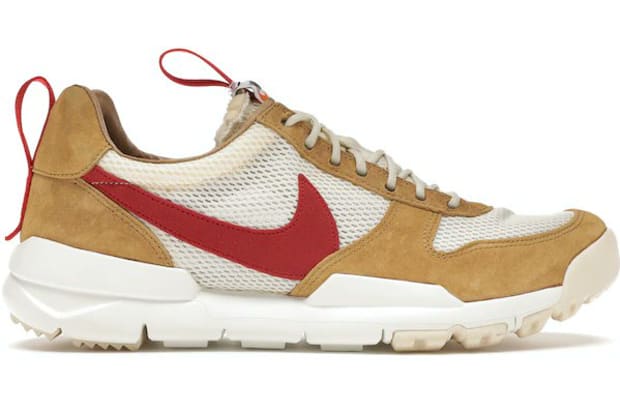 Tan and white Tom Sachs x  Nike sneakers.