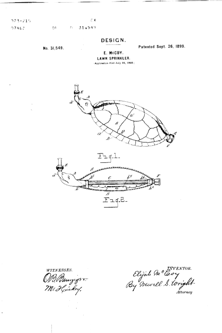 The patent drawing for Elijah McCoy's turtle-shaped lawn sprinkler.