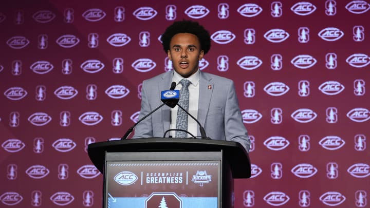 Jul 23, 2024; Charlotte, NC, USA;  Stanford quarterback Ashton Daniels answers questions from the media during the ACC Kickoff at Hilton Charlotte Uptown. Mandatory Credit: Jim Dedmon-USA TODAY Sports