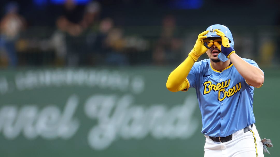 Milwaukee Brewers shortstop Willy Adames celebrates a double against the Arizona Diamondbacks.