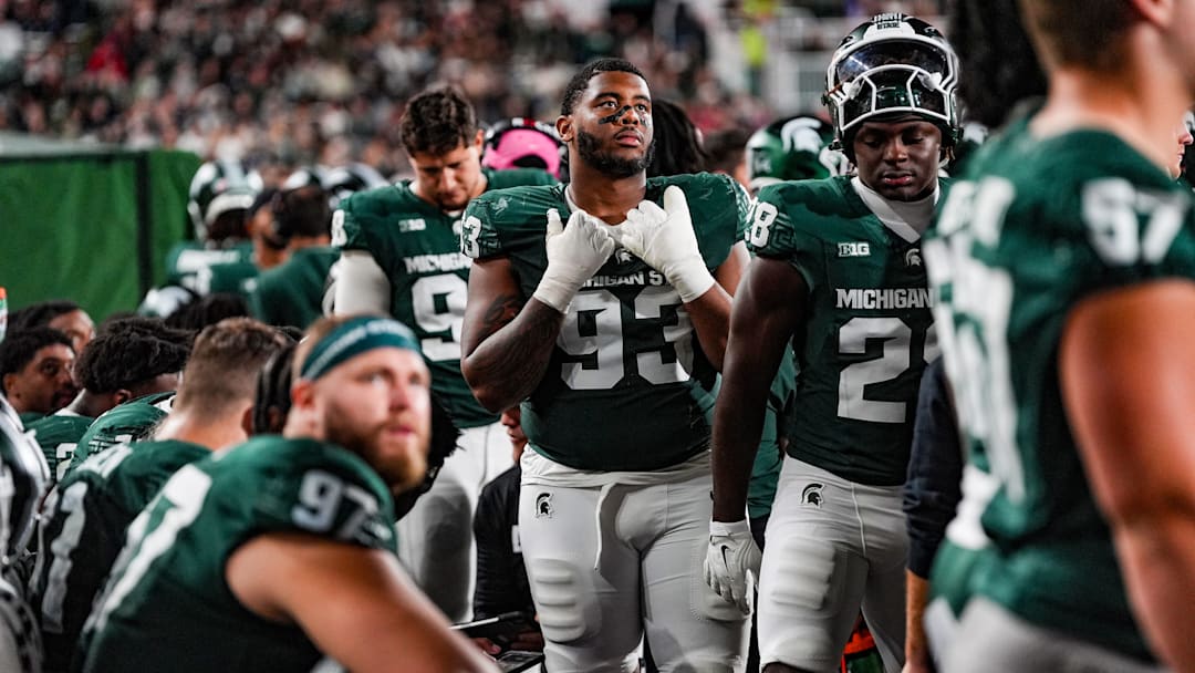 Michigan State Spartans defensive lineman Jalen Satchell (93) looks up at the clock towards the end of the third quarter the NCAA football game against Ohio State University at Spartan Stadium in East Lansing, Saturday, Sept. 28, 2024. Ohio State won 38-7.