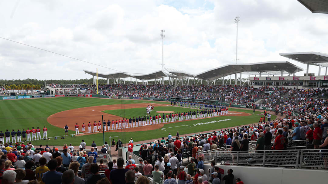 Feb 22, 2026; Fort Myers, Florida, USA;  A general view of JetBlue Park at Fenway South during the National Anthem between the Boston Red Sox and Toronto Blue Jays . Mandatory Credit: Kim Klement Neitzel-Imagn Images