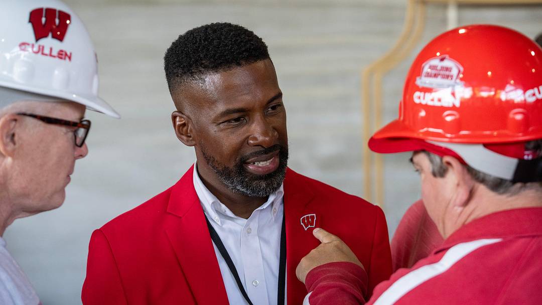 Marcus Sedberry, deputy athletic director/chief operating officer for Wisconsin Athletics, is shown during the program recognizing donors for the Kellner Center Athletic Center at UW-Madison in Madison, Wisconsin. The estimated cost of the project is $285 million. Ted and Mary Kellner are major donors.