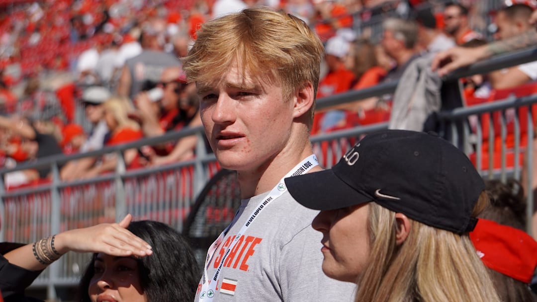 Oct 5, 2024; Columbus, OH, USA; Class of 2027 Huntington Beach, California, quarterback Brady Edmunds visits the field ahead of Ohio State's 35-7 win over the Iowa Hawkeyes after the NCAA football game at Ohio Stadium.