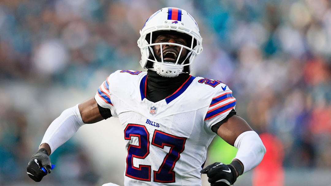 Buffalo Bills cornerback Tre'davious White (27) celebrates the game-deciding interception during the fourth quarter of the AFC Wild Card playoff matchup. [Corey Perrine/Florida Times-Union]