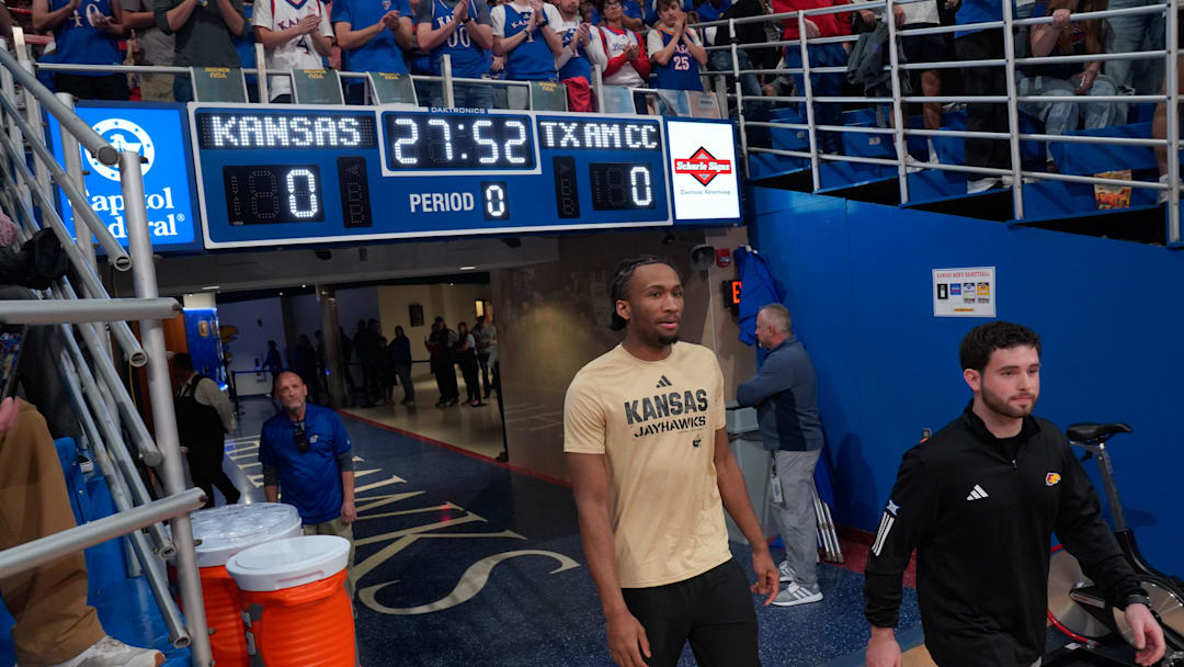 Kansas Jayhawks guard Darryn Peterson (22) walks out of the tunnel before the game against Texas A&M-Corpus Christi Islanders inside Allen Fieldhouse on Nov. 11, 2025. Kansas Jayhawks guard Darryn Peterson (22) walks out of the tunnel before the game against Texas A&M-Corpus Christi Islanders inside Allen Fieldhouse on Nov. 11, 2025.