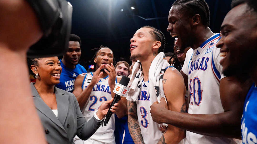 Kansas Jayhawks guard Tre White (3) talks to ESPN following their win over Houston Cougars in the game inside Allen Fieldhouse on Monday, Feb. 23, 2026.
