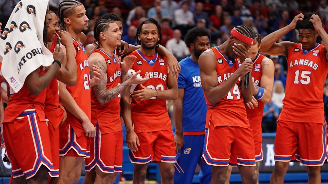 Kansas Jayhawks guard Melvin Council Jr. (14) tears up speaking following the Sunflower Showdown game inside Allen Fieldhouse in Lawrence, Kansas, on Saturday, March 7, 2026. Kansas Jayhawks guard Melvin Council Jr. (14) tears up speaking following the Sunflower Showdown game inside Allen Fieldhouse in Lawrence, Kansas, on Saturday, March 7, 2026.