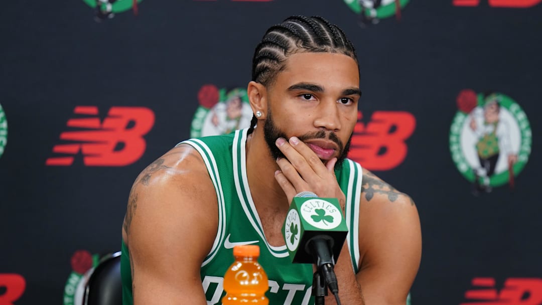 Sep 29, 2025; Boston, MA, USA;Boston Celtics forward Jayson Tatum (0) talks with reporters during media day at the Auerbach Center. Mandatory Credit: David Butler II-Imagn Images