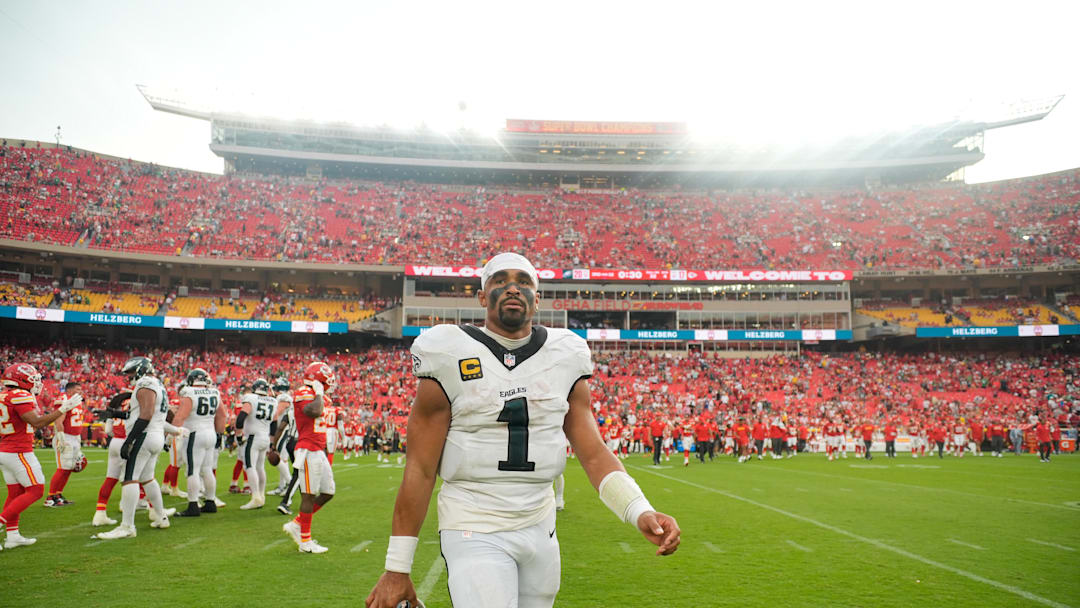 Sep 14, 2025; Kansas City, Missouri, USA; Philadelphia Eagles quarterback Jalen Hurts (1) looks on after the game against the Kansas City Chiefs at GEHA Field at Arrowhead Stadium. Mandatory Credit: Jay Biggerstaff-Imagn Images