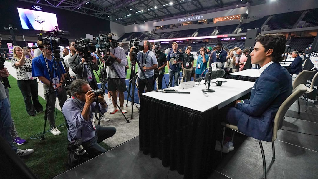 Jul 9, 2025; Frisco, TX, USA; TCU quarterback Josh Hoover speaks with the media during 2025 Big 12 Football Media Days at The Star. Mandatory Credit: Raymond Carlin III-Imagn Images