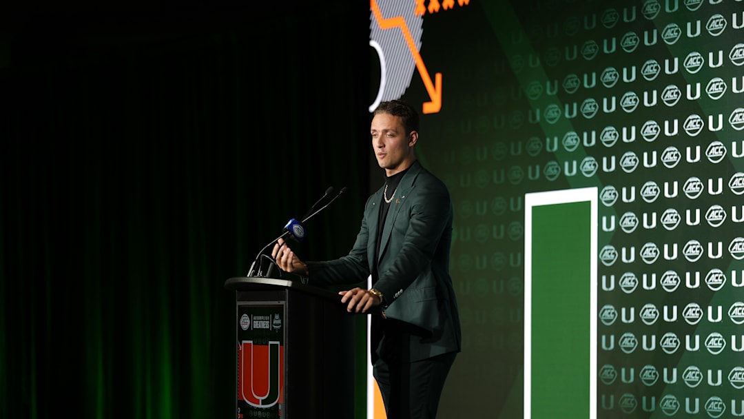 Jul 22, 2025; Charlotte, NC, USA; Miami quarterback Carson Beck answers questions from the media during ACC Media Days at Hilton Charlotte Uptown. Mandatory Credit: Jim Dedmon-Imagn Images