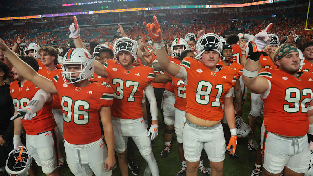 Aug 31, 2025; Miami Gardens, Florida, USA; The Miami Hurricanes react after defeating the Notre Dame Fighting Irish at Hard Rock Stadium. Mandatory Credit: Sam Navarro-Imagn Images