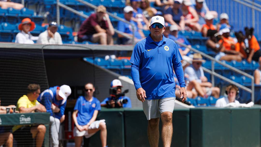 May 16, 2026; Gainesville, FL, USA; Florida Gators head coach Tim Walton looks on against the Georgia Tech Yellow Jackets during the second inning at Katie Seashole Pressly Stadium. Mandatory Credit: Matt Pendleton-Imagn Images