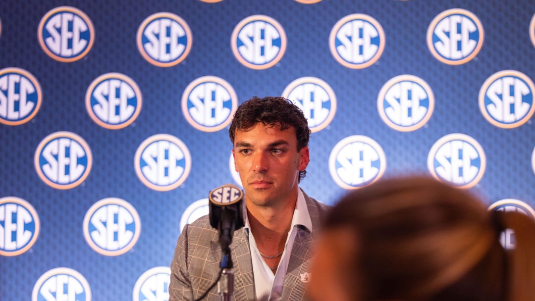 Jul 18, 2024; Dallas, TX, USA; Auburn quarterback Payton Thorne speaking to the media at Omni Dallas Hotel. Mandatory Credit: Brett Patzke-USA TODAY Sports