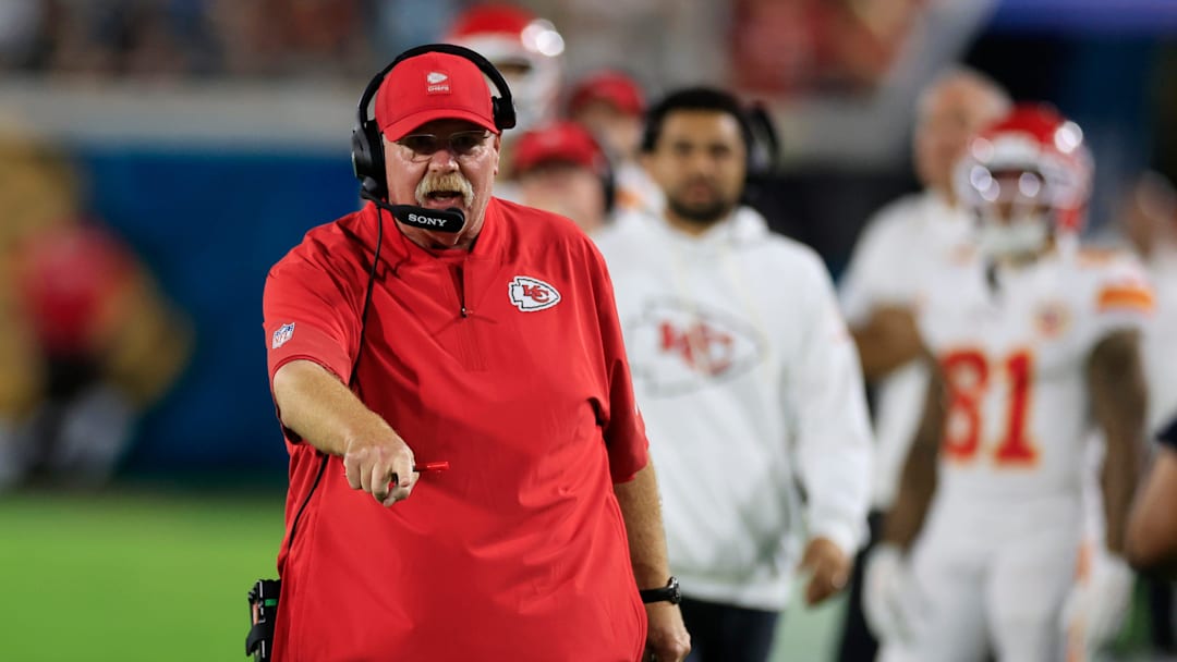 Kansas City Chiefs head coach Andy Reid makes a case with the referee during the first quarter of an NFL football matchup at EverBank Stadium, Monday, Oct. 6, 2025, in Jacksonville, Fla. The Jacksonville Jaguars edged the Kansas City Chiefs 31-28. [Corey Perrine/Florida Times-Union]