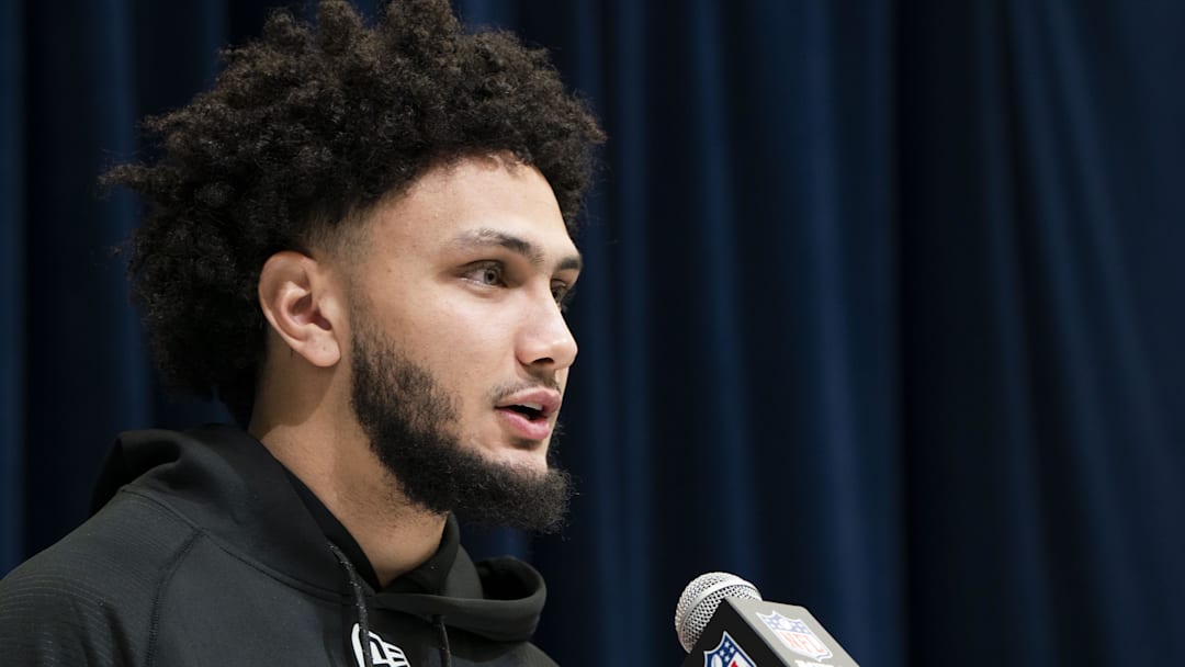 Feb 28, 2025; Indianapolis, IN, USA; Mississippi wideout Jordan Watkins (WO43) talks to the press during the 2025 NFL Combine at Indiana Convention Center. Mandatory Credit: Stephanie Amador Blondet-Imagn Images