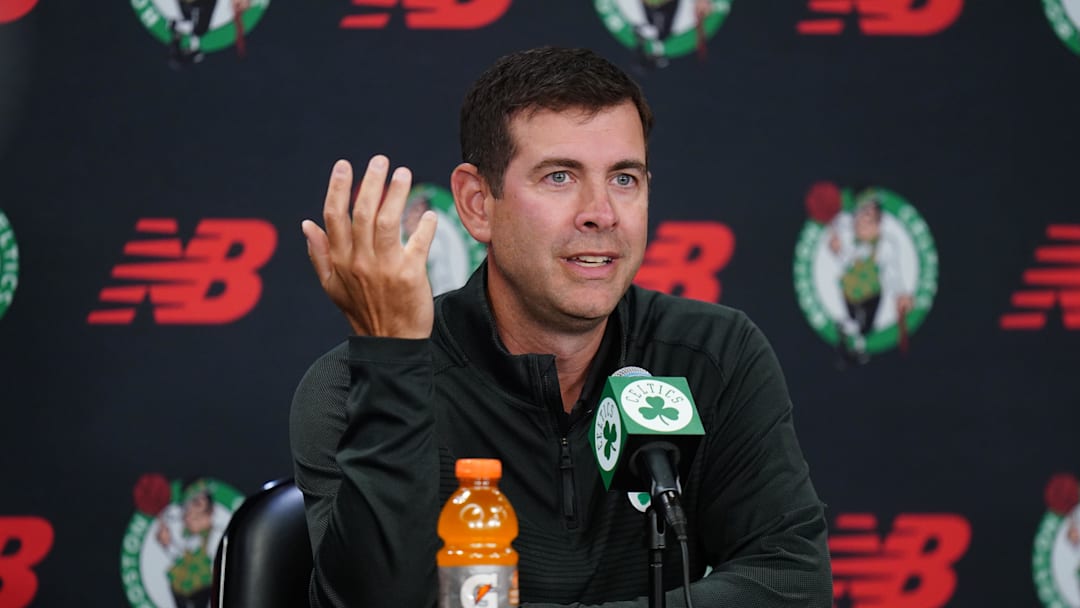 Sep 29, 2025; Boston, MA, USA; Boston Celtics president of basketball operations Brad Stevens talks to reporters during media day at the Auerbach Center. Mandatory Credit: David Butler II-Imagn Images