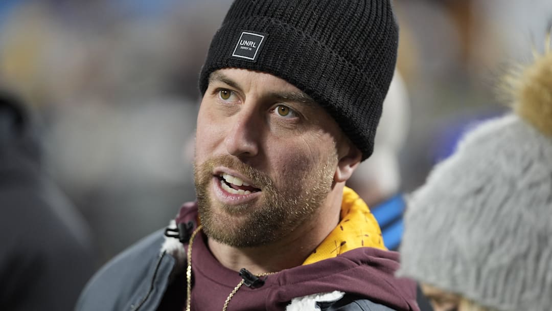 Jan 3, 2025; Charlotte, NC, USA; Former Minnesota Golden Gophers alum and Carolina Panther Adam Thielen during the first quarter of the Dukes’ Mayo Bowl between the Minnesota Golden Gophers and the Virginia Tech Hokies at Bank of America Stadium. Mandatory Credit: Jim Dedmon-Imagn Images