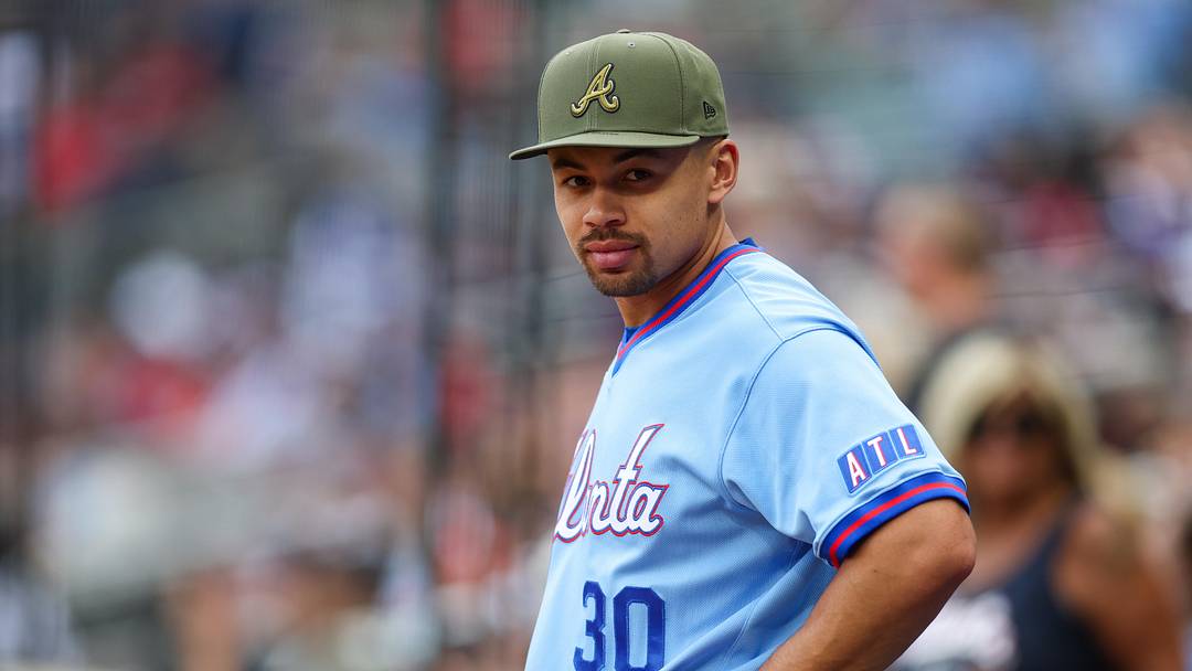 May 16, 2026; Atlanta, Georgia, USA; Atlanta Braves designated hitter Drake Baldwin (30) on the field before a game against the Boston Red Sox at Truist Park. Mandatory Credit: Brett Davis-Imagn Images