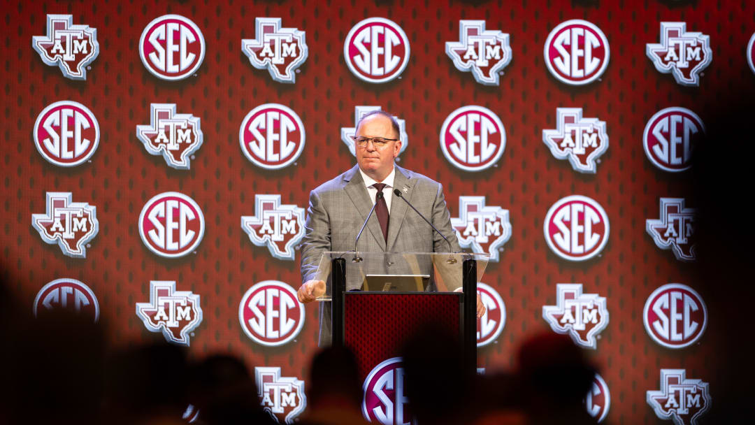 Jul 18, 2024; Dallas, TX, USA; Texas A&M head coach Mike Elko speaking at Omni Dallas Hotel. Mandatory Credit: Brett Patzke-USA TODAY Sports