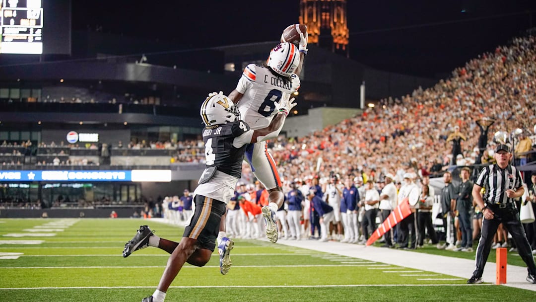 Auburn wide receiver Cam Coleman (8) pulls down a pass for a two point conversion against Vanderbilt during the fourth quarter at FirstBank Stadium in Nashville, Tenn., Saturday, Nov. 8, 2025.