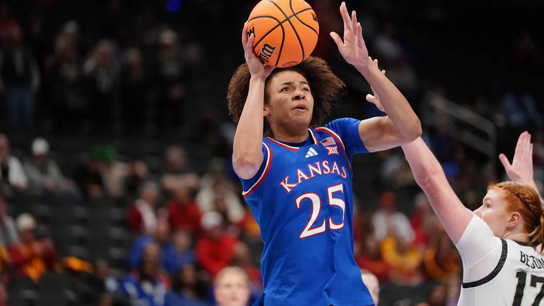 Kansas Jayhawks forward Jaliya Davis (25) shoots the ball against Colorado Buffaloes during the second round game of the Big 12 Tournament inside T-Mobile Center in Kansas City, Missouri on Thursday, March 5, 2026.