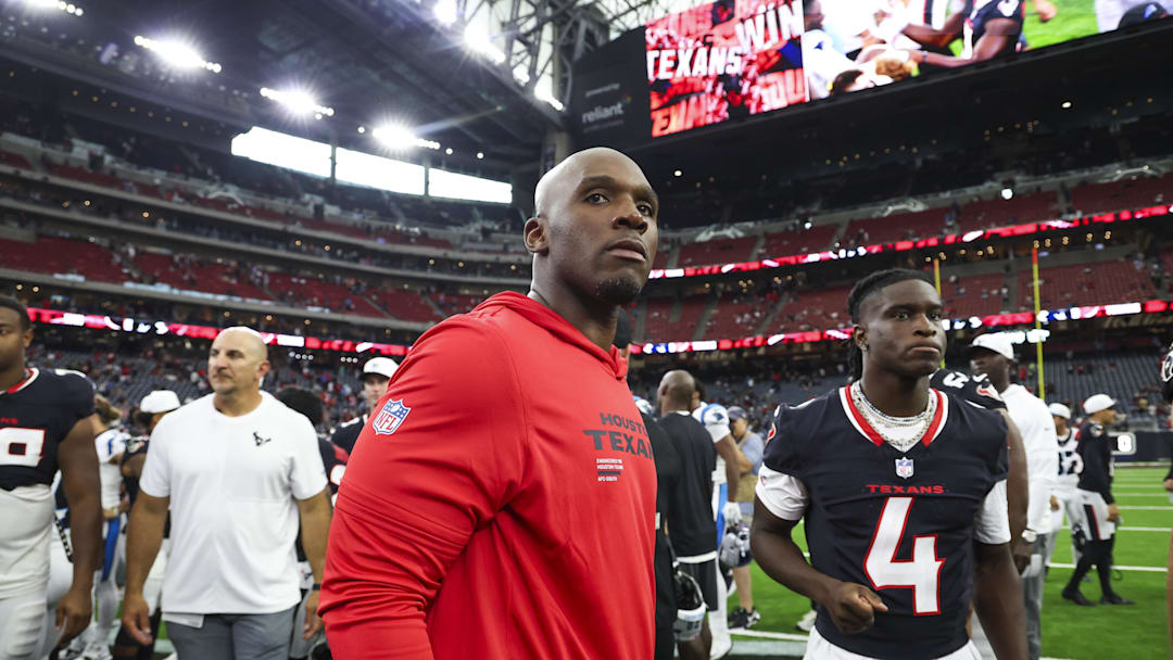 Aug 16, 2025; Houston, Texas, USA; Houston Texans head coach DeMeco Ryans walks on the field after the game against the Carolina Panthers at NRG Stadium. Mandatory Credit: Troy Taormina-Imagn Images