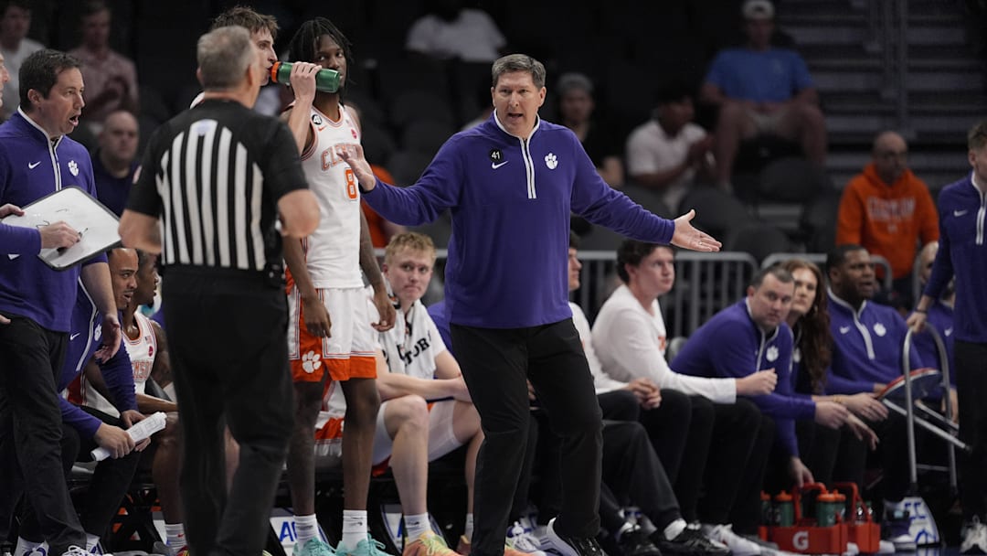 Mar 11, 2026; Charlotte, NC, USA; Clemson Tigers head coach Brad Brownell questions a call during the second half against the Wake Forest Demon Deacons at Spectrum Center. Mandatory Credit: Jim Dedmon-Imagn Images Mar 11, 2026; Charlotte, NC, USA; Clemson Tigers head coach Brad Brownell questions a call during the second half against the Wake Forest Demon Deacons at Spectrum Center. Mandatory Credit: Jim Dedmon-Imagn Images