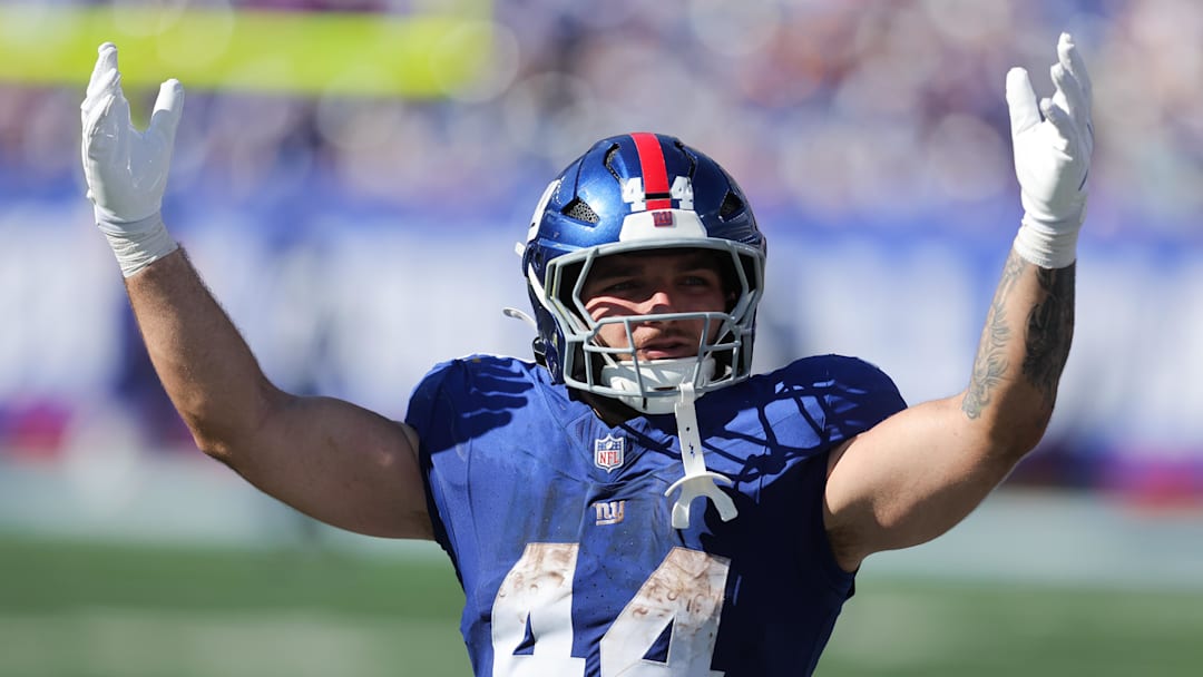 Sep 28, 2025; East Rutherford, New Jersey, USA; New York Giants running back Cam Skattebo (44) reacts during the third quarter against the Los Angeles Chargers at MetLife Stadium. Mandatory Credit: Brad Penner-Imagn Images