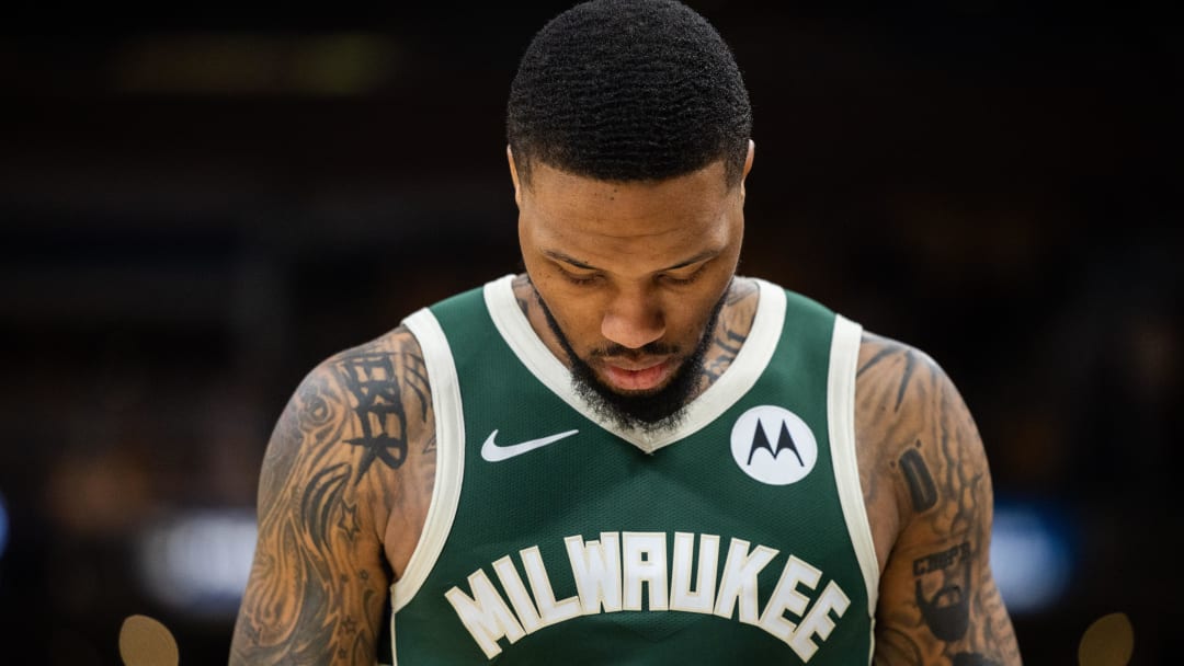 Apr 26, 2024; Indianapolis, Indiana, USA; Milwaukee Bucks guard Damian Lillard (0) during game three of the first round for the 2024 NBA playoffs against the Indiana Pacers at Gainbridge Fieldhouse. Mandatory Credit: Trevor Ruszkowski-USA TODAY Sports