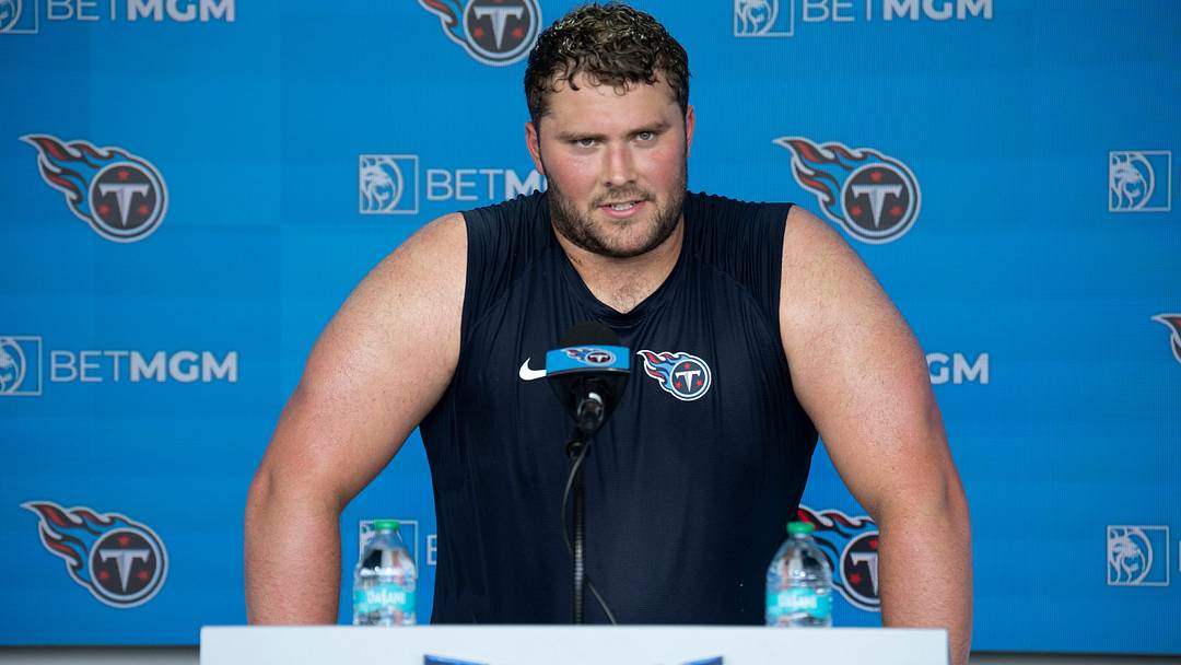 Tennessee Titans offensive lineman Peter Skoronski (77) fields questions from the media during training camp at Ascension Saint Thomas Sports Park in Nashville, Tenn., Tuesday, July 29, 2025.