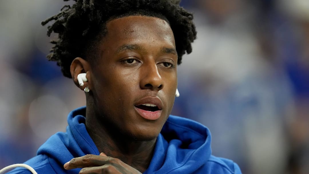 Indianapolis Colts cornerback Sauce Gardner makes his way onto the field Indianapolis Colts cornerback Sauce Gardner makes his way onto the field