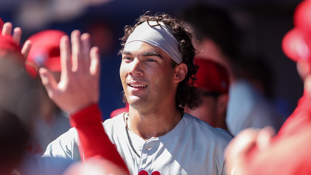 Feb 26, 2025; Dunedin, Florida, USA; Philadelphia Phillies outfielder Gabriel Rincones Jr. (85) celebrates after hitting a home run against the Toronto Blue Jays in the third inning during spring training at TD Ballpark. Mandatory Credit: Nathan Ray Seebeck-Imagn Images