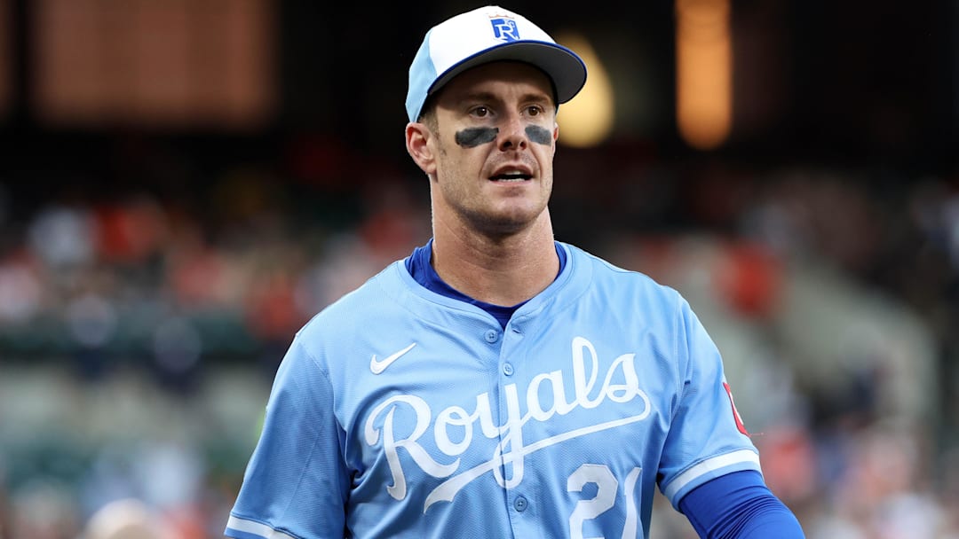 May 2, 2025; Baltimore, Maryland, USA; Kansas City Royals first baseman Mark Canha (21) looks on before a game against the Baltimore Orioles at Oriole Park at Camden Yards. Mandatory Credit: Daniel Kucin Jr.-Imagn Images