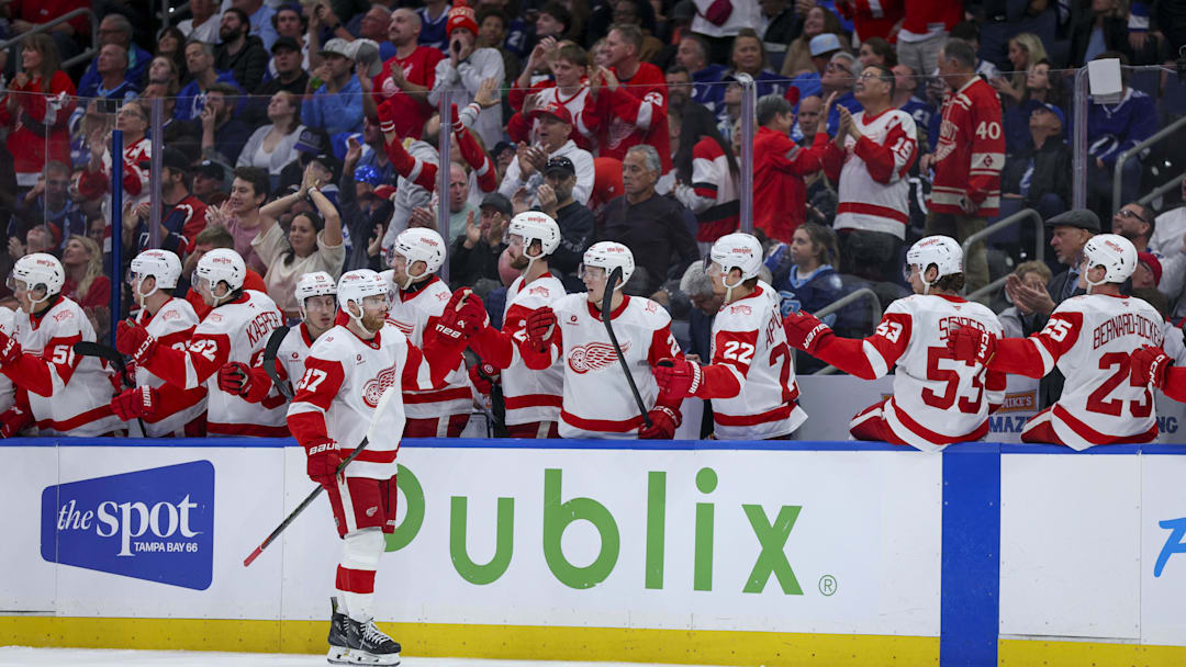 Mar 12, 2026; Tampa, Florida, USA; Detroit Red Wings left wing J.T. Compher (37) reacts after scoring a goal against the Tampa Bay Lightning in the first period at Benchmark International Arena. Mandatory Credit: Nathan Ray Seebeck-Imagn Images Mar 12, 2026; Tampa, Florida, USA; Detroit Red Wings left wing J.T. Compher (37) reacts after scoring a goal against the Tampa Bay Lightning in the first period at Benchmark International Arena. Mandatory Credit: Nathan Ray Seebeck-Imagn Images