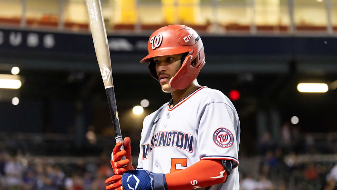 Nov 9, 2025; Mesa, AZ, USA; Washington Nationals infielder Seaver King during the Arizona Fall League Fall Stars Game at Sloan Park. Mandatory Credit: Mark J. Rebilas-Imagn Images