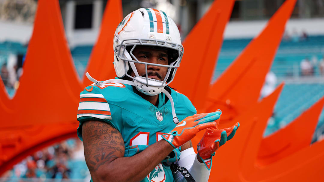 Miami Dolphins wide receiver Jaylen Waddle (17) reacts during the second quarter against the Cincinnati Bengals at Hard Rock Stadium last December.