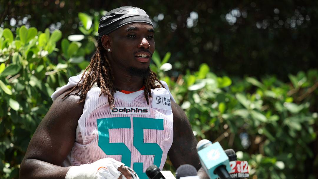 Miami Dolphins center Aaron Brewer (55) speaking to media after a minicamp practice at the Baptist Health Training Complex. Miami Dolphins center Aaron Brewer (55) speaking to media after a minicamp practice at the Baptist Health Training Complex.