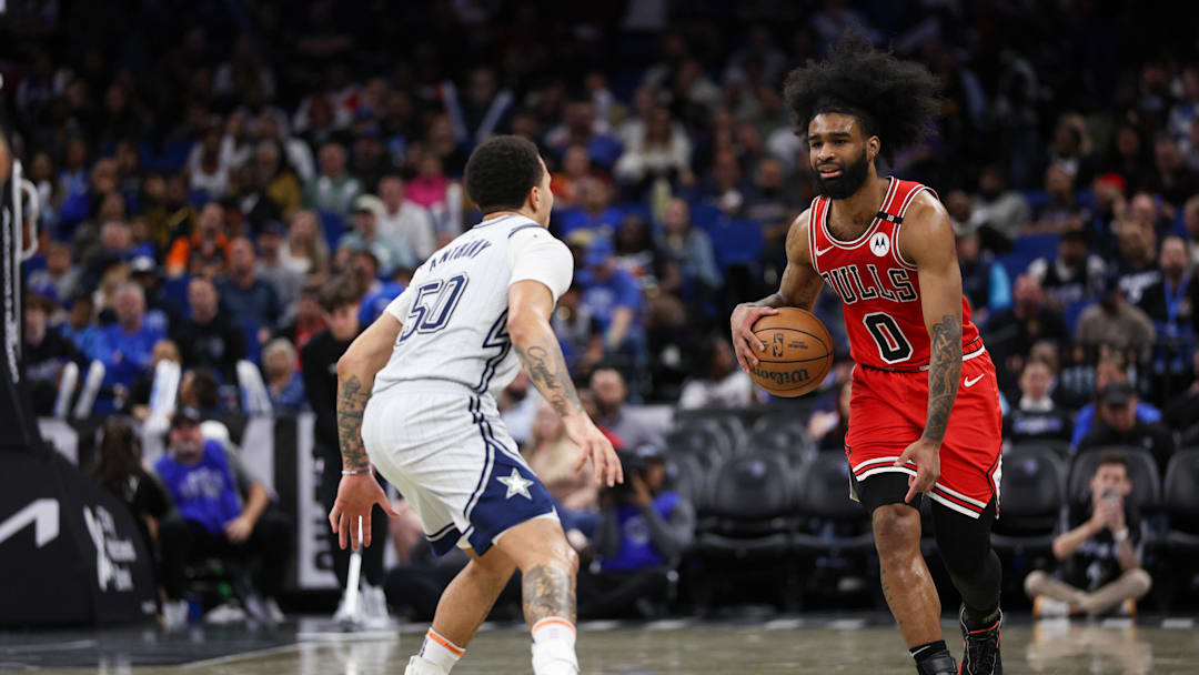Mar 6, 2025; Orlando, Florida, USA; Chicago Bulls guard Coby White (0) is guarded by Orlando Magic guard Cole Anthony (50) in the third quarter at Kia Center. Mandatory Credit: Nathan Ray Seebeck-Imagn Images Mar 6, 2025; Orlando, Florida, USA; Chicago Bulls guard Coby White (0) is guarded by Orlando Magic guard Cole Anthony (50) in the third quarter at Kia Center. Mandatory Credit: Nathan Ray Seebeck-Imagn Images