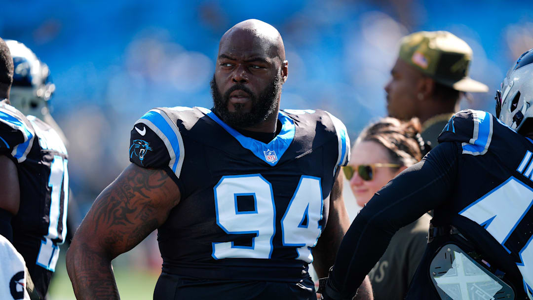 Nov 9, 2025; Charlotte, North Carolina, USA; Carolina Panthers defensive end A'Shawn Robinson (94) looks on before the game against the New Orleans Saints at Bank of America Stadium. Mandatory Credit: Jim Dedmon-Imagn Images