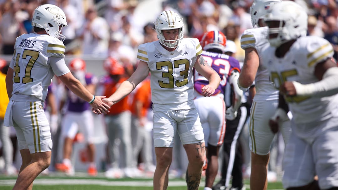 Sep 13, 2025; Atlanta, Georgia, USA; Georgia Tech Yellow Jackets place kicker Aidan Birr (33) celebrates after a field goal against the Clemson Tigers in the second quarter at Bobby Dodd Stadium at Hyundai Field. Mandatory Credit: Brett Davis-Imagn Images