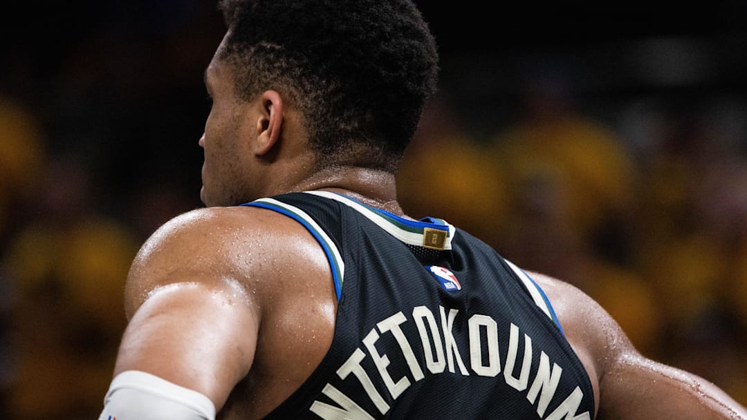 Apr 29, 2025; Indianapolis, Indiana, USA; Milwaukee Bucks forward Giannis Antetokounmpo (34) during game five of the first round for the 2024 NBA Playoffs against the Indiana Pacers at Gainbridge Fieldhouse. Mandatory Credit: Trevor Ruszkowski-Imagn Images