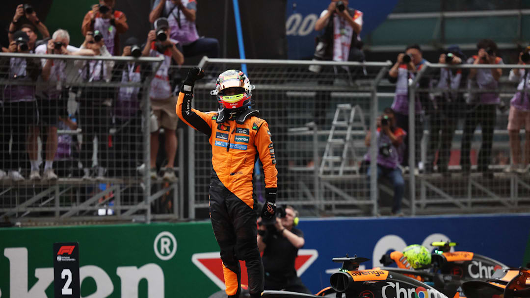 [US, Mexico & Canada customers only] March 23, 2025; Shanghai, CHINA; Oscar Piastri celebrates after winning the F1 Chinese Grand Prix at Shanghai International Circuit. Mandatory Credit: Go Nakamura/Reuters via Imagn Images