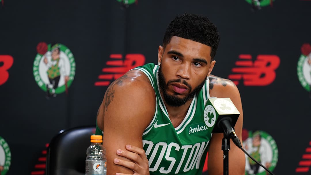 Sep 24, 2024; Boston, MA, USA;  Boston Celtics forward Jayson Tatum (0) talks to reporters during media day at Auerbach Center. Mandatory Credit: David Butler II-Imagn Images